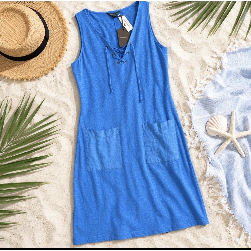 Tommy Bahama Arden Jersey Lace Up Dress Blue Sleeveless Pockets S NWT Flaw